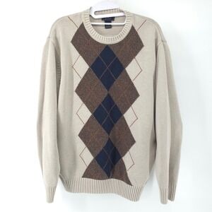 Dockers Sweater‎ Mens XL Argyle Cream Crew Neck Ribbed Cotton Pullover
